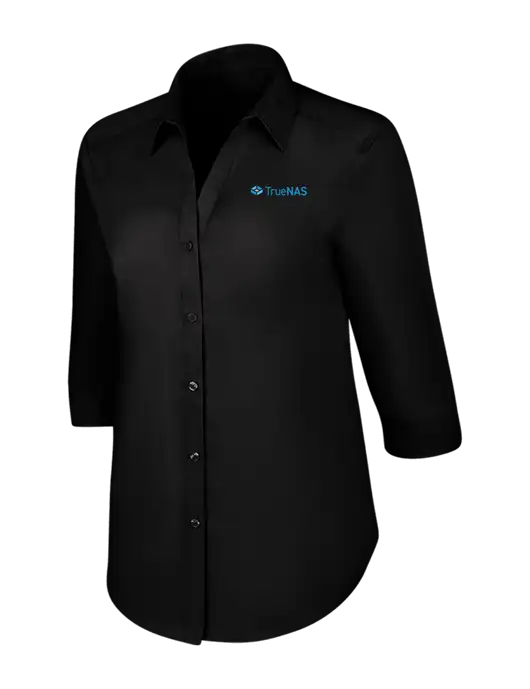 Womens Black 3/4 Sleeve Carefree Poplin Shirt w/TrueNAS Logo