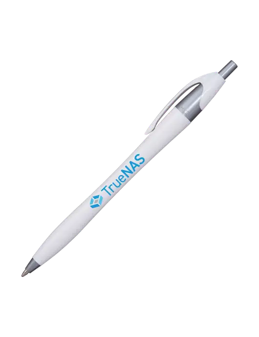 Novella White/Silver Shimmer Pen - Blue Ink w/TrueNAS Logo