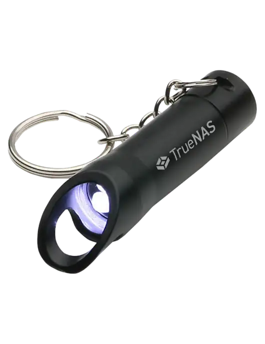 Black Pocket LED Flashlight with Bottle Opener & Keychain w/TrueNAS Logo