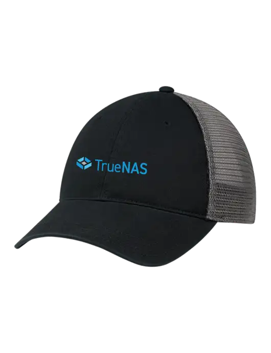 Richardson 111 Garment Washed Trucker Cap Black w/Charcoal Mesh w/TrueNAS Logo